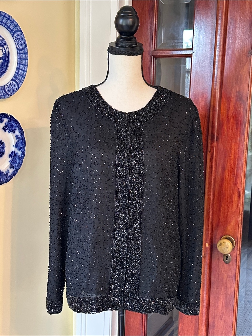 Laurence Kazar | VTG Black Silk Beaded Evening Jacket Formal Topper, Size L